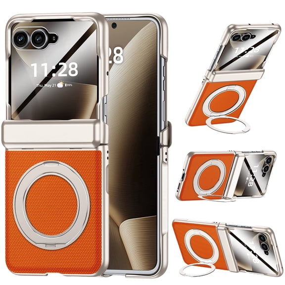 Oupeigar for Motorola Razr 2026/Razr 2025/Razr 2024 Case,with 360° Magnetic Ring Stand,Screen Protector,Hinge Protection Shockproof Leather Phone Case-Orange