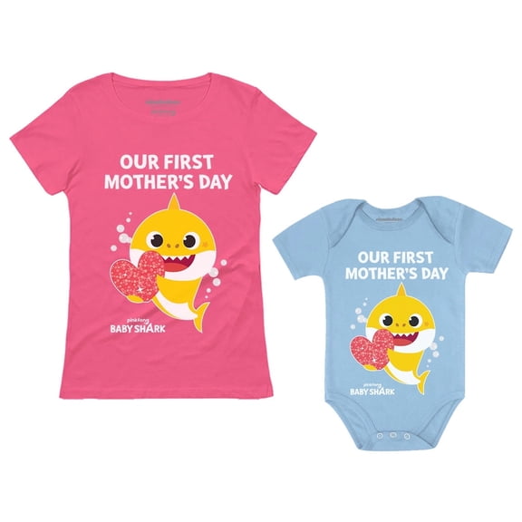 Our 1st Mothers Day Baby Shark Doo Doo Doo Outfits Mommy and Me Matching Shirts Mom Pink Large / Baby Aqua 6M (3-6M)