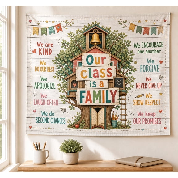 Our Class Is A Family Tapestry Rustic Classroom Rules Decor Educational School Banner Back