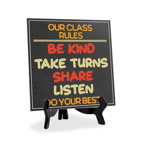 Our Class Rules Be Kind Take Turns Share Listen Do Your Best! 5"x 5" Square Table Sign With Acrylic Easel | Classroom Dcor