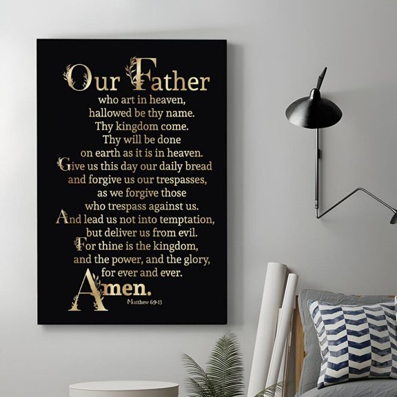 Our Father Prayer Canvas Wall Art, The Lord's Prayer Matthew 6:9-13 Gold Foil Text Poster Print, Black Christian Scripture Wall Decor for Home