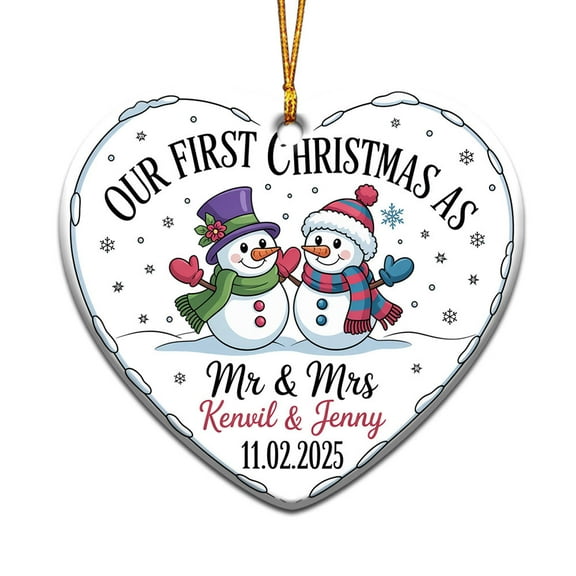 Our First Christmas As Mr & Mrs Ceramic Ornament, Couple Snowman 1st Christmas As Mr Mrs Ornament Gift for Married Engaged Wedding Newlywed