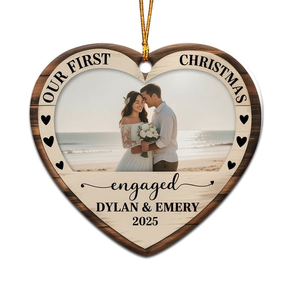 Our First Christmas Engaged Ornament 2025, Custom Name Text Add Photo Names Mr & Mrs Engaged Christmas Ornament Keepsake