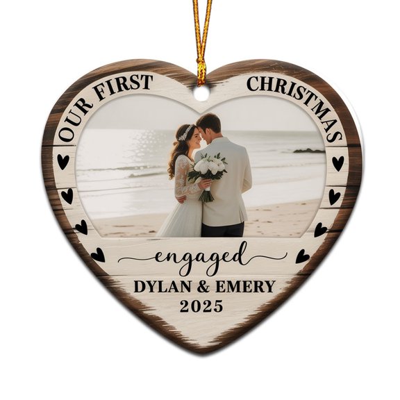Our First Christmas Engaged Ornament 2025, Custom Name Text Add Photo Names Mr & Mrs Engaged Christmas Ornament Keepsake