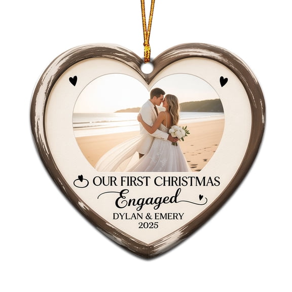 Our First Christmas Engaged Ornament 2025, Custom Name Text Add Photo Names Mr & Mrs Engaged Christmas Ornament Keepsake