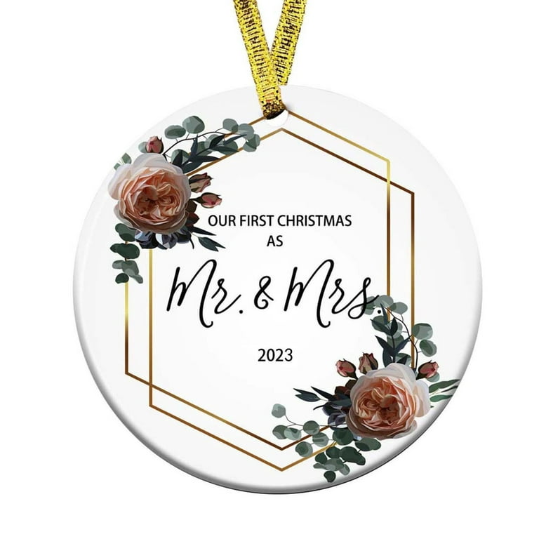 Our First Christmas Married Ornament 2023,Just Married Gifts for Couple,Mr  and Mrs, Wood Keepsake 1st Christmas Married Ornaments with Ribbon and Gift
