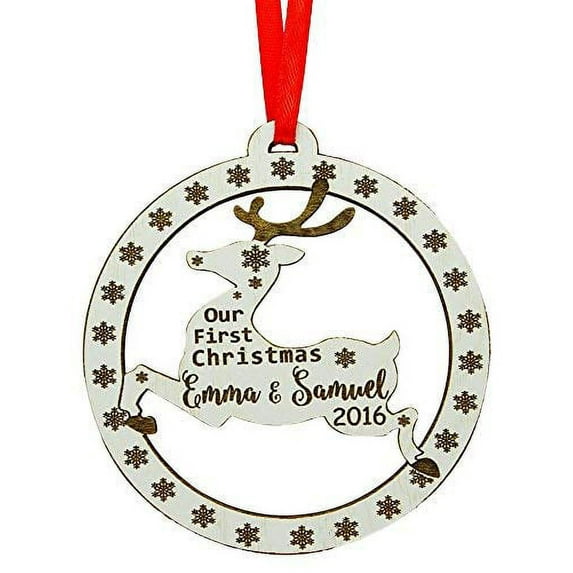 Our First Christmas Personalized Custom Christmas Dear Ornament Wooden Engraved Hanging With Gift Box