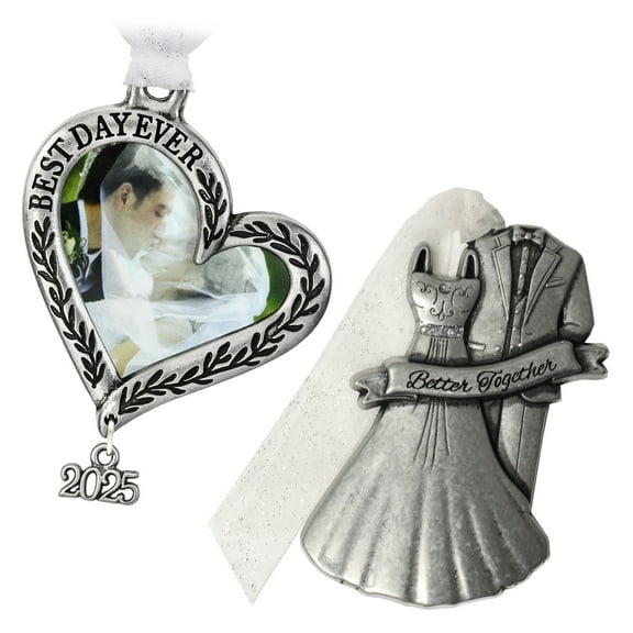 Our First Christmas Pewter Newlywed Wedding 2 Piece Vintage Tree Picture Frame Ornament Collection Set