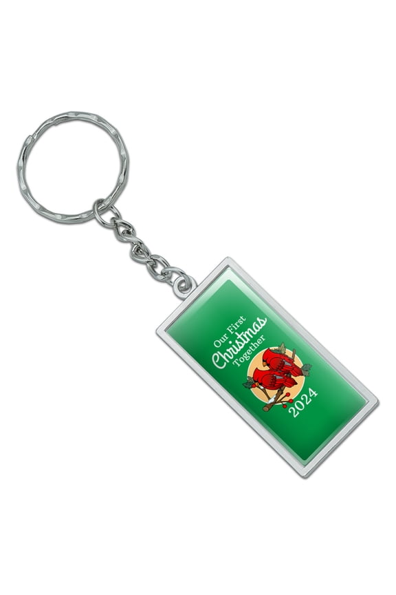 Our First Christmas Together 2024 Red Cardinals on Branch Newlyweds Rectangle Keychain in Chrome Plated Metal