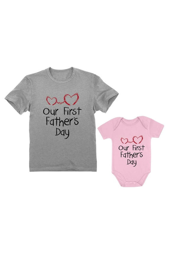 Our First Father's Day Dad & Baby Matching Set Infant Bodysuit & Men's T-Shirt Dad Gray Medium / Baby Pink 24M (18-24M)