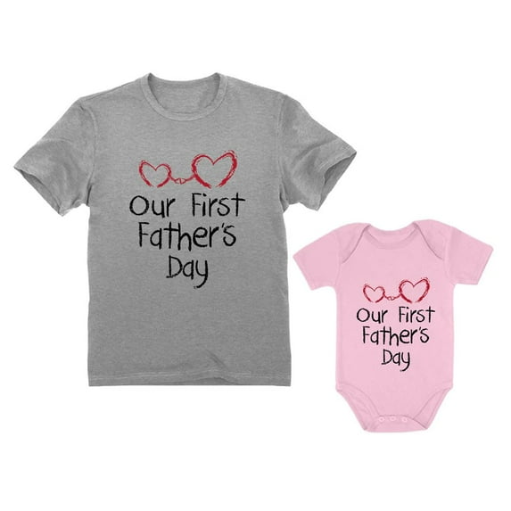 Our First Father's Day Dad & Baby Matching Set Infant Bodysuit & Men's T-Shirt Dad Gray X-Large / Baby Pink 24M (18-24M)