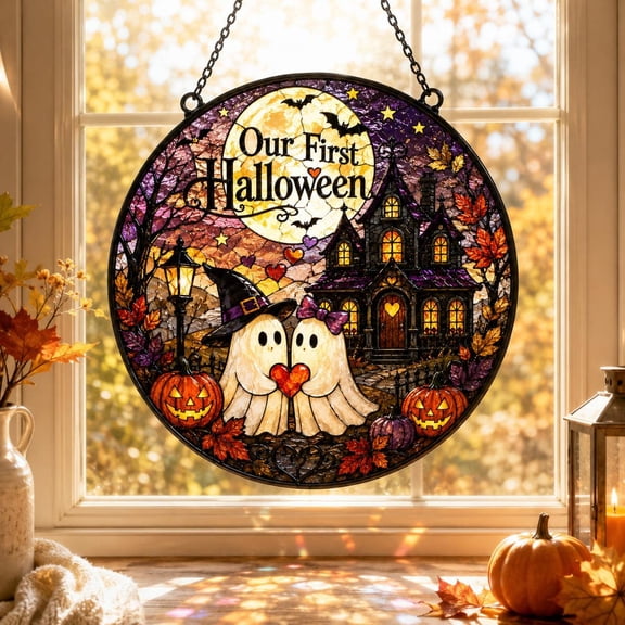 Our First Halloween Suncatcher, Stained Glass Ghost Couple Window Hanging, Personalized Spooky Fall Decor, First Halloween Gift