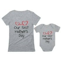 Our First Mother's Day Outfit For Mom & Baby Matching Set Bodysuit & Women Shirt Mom Gray Small / Baby Gray 12M (6-12M)