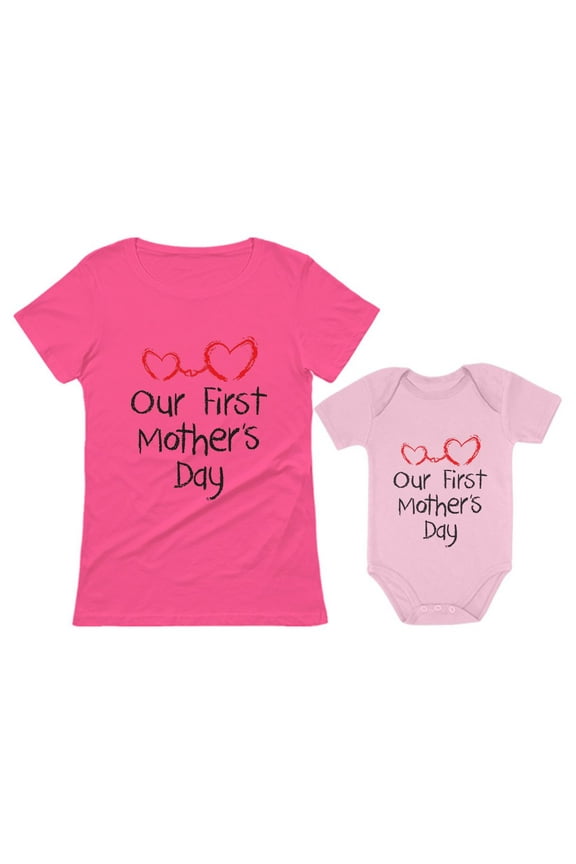 Our First Mother's Day Outfit For Mom & Baby Matching Set Bodysuit & Women Shirt Mom Pink Large / Baby Pink 18M (12-18M)
