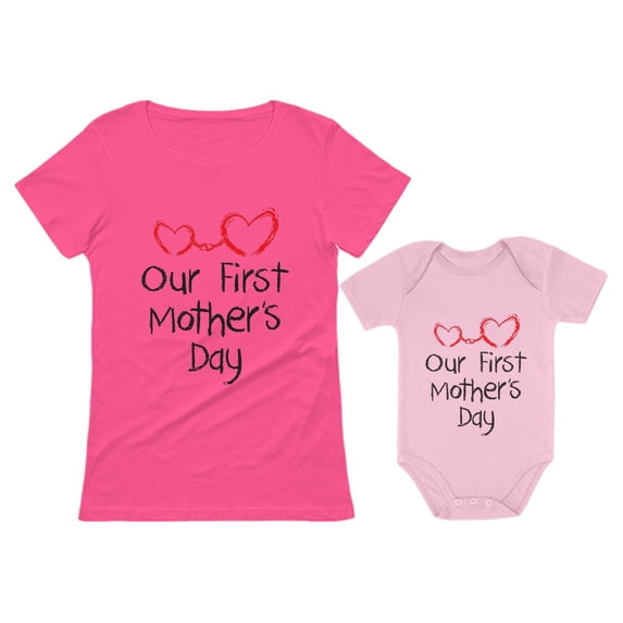 Our First Mother's Day Outfit For Mom & Baby Matching Set Bodysuit & Women Shirt Mom Pink Small / Baby Pink 12M (6-12M)