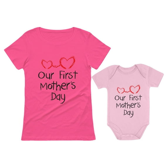 Our First Mother's Day Outfit For Mom & Baby Matching Set Bodysuit & Women Shirt Mom Pink X-Large / Baby Pink 12M (6-12M)