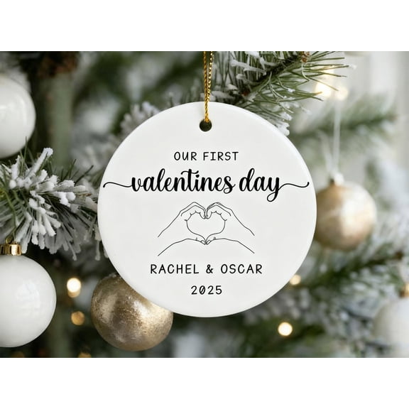 Our First Valentines Day Custom Names Ceramic Ornament Flat 2D Printed Round Heart Hands Keepsake Gift