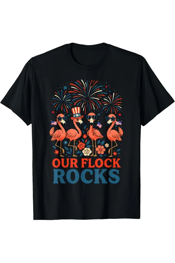 Our Flock Rocks Patriotic Funny Flamingo Graphic Design Unisex T-Shirt Y2080, Up to Size 5XL