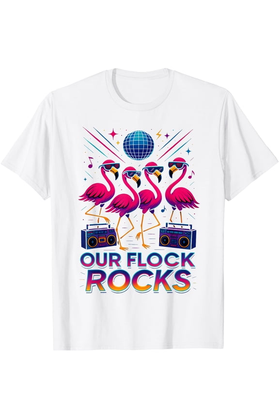 Our Flock Rocks Retro 80s Flamingo, Dancing Flamingos, Disco T-Shirt