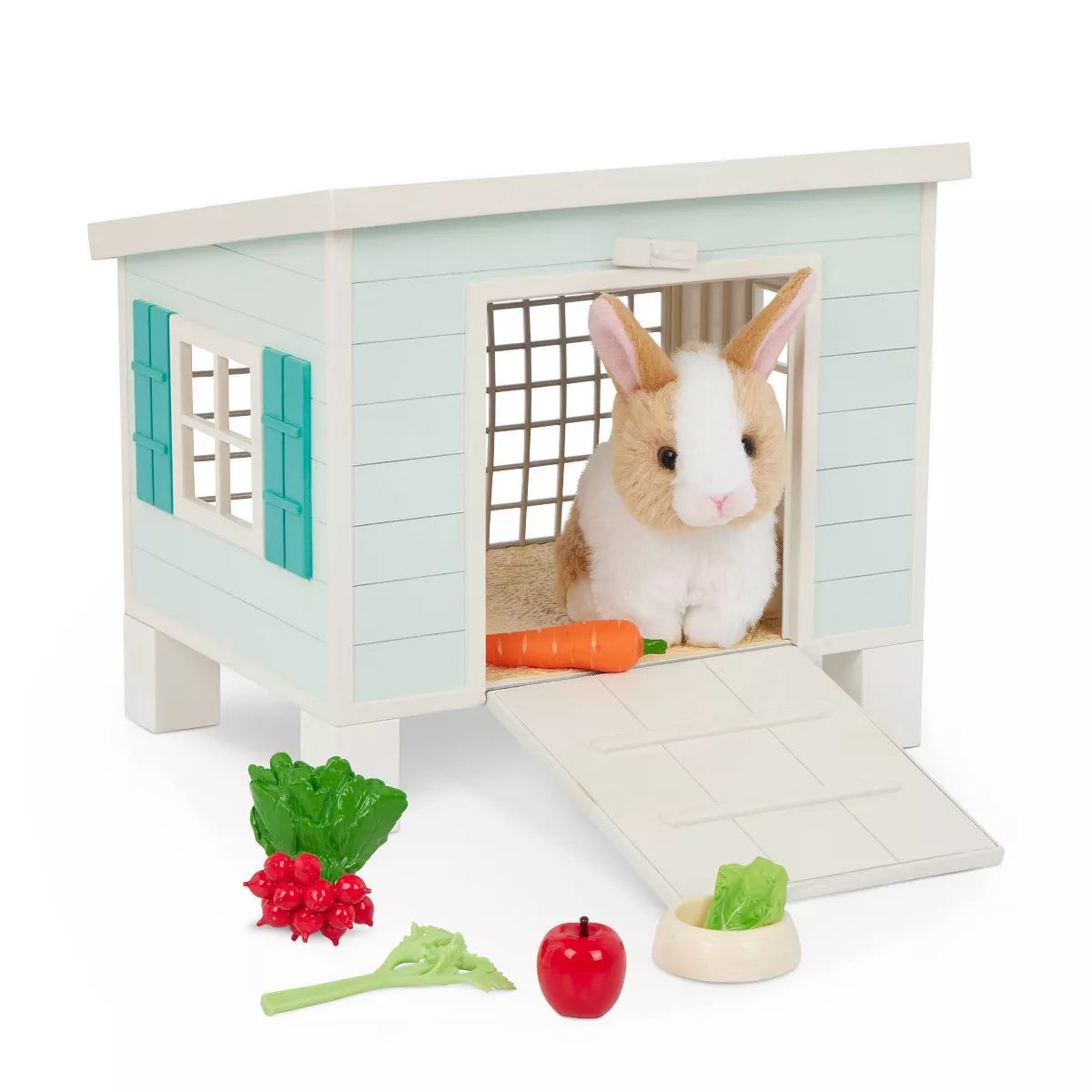 Mint Green Wooden Bunny Hutch with Plush Rabbit and Food Accessories