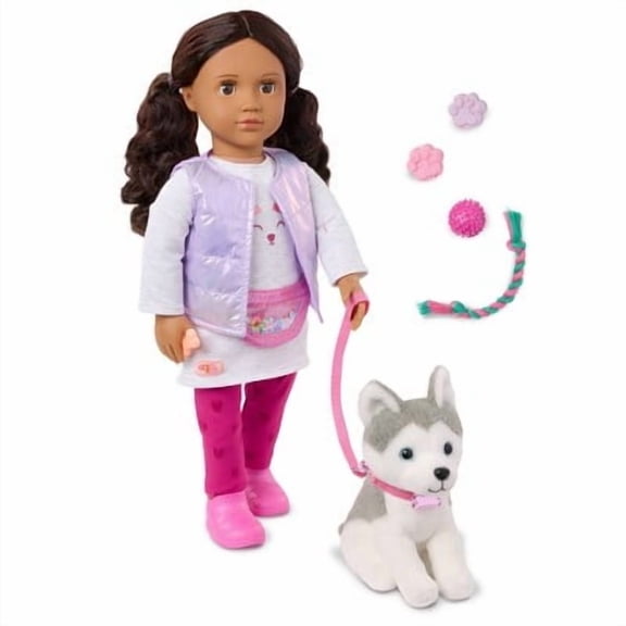 Our Generation Estella and Evi 18" Doll and Pet Puppy Set: Brown Eyes, Wavy Hair, Plastic & Polyester Materials