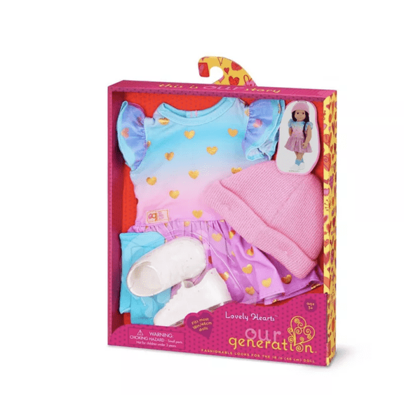 Our Generation Lovely Hearts Pink Hat & Gradient Dress Outfit for 18" Dolls: 6-Piece Fashion Set, Polyester