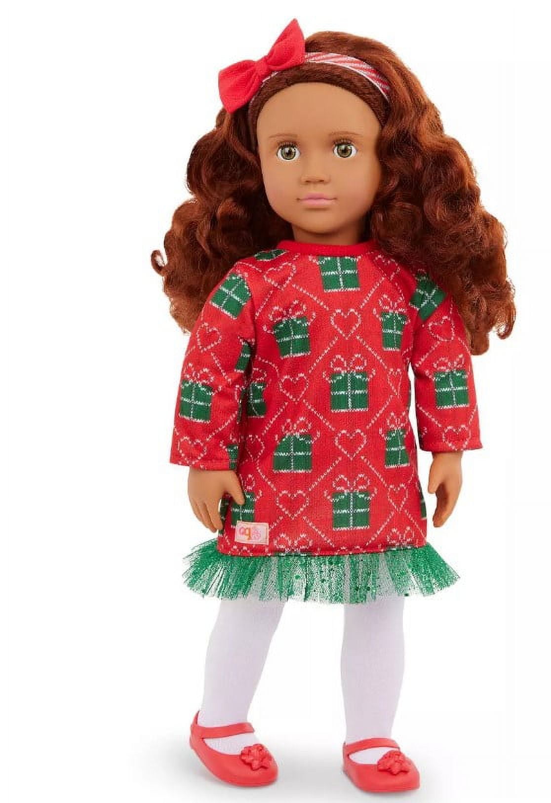 Our Generation Luz 18" Doll with Red & Green Holiday Sweater Dress Outfit (Brunette)