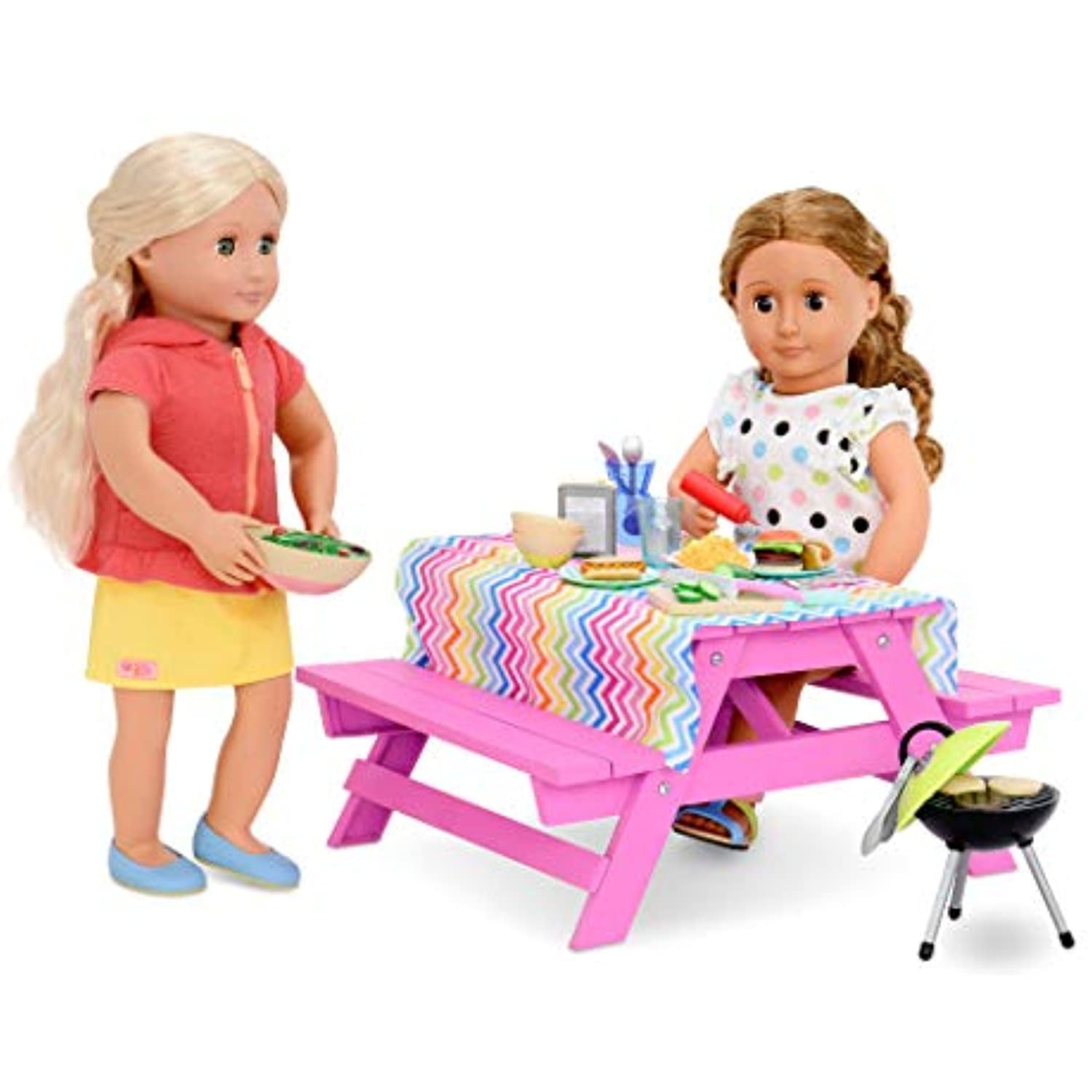 Our Generation Pink Picnic Table Set for Dolls, BBQ Grill, Summer