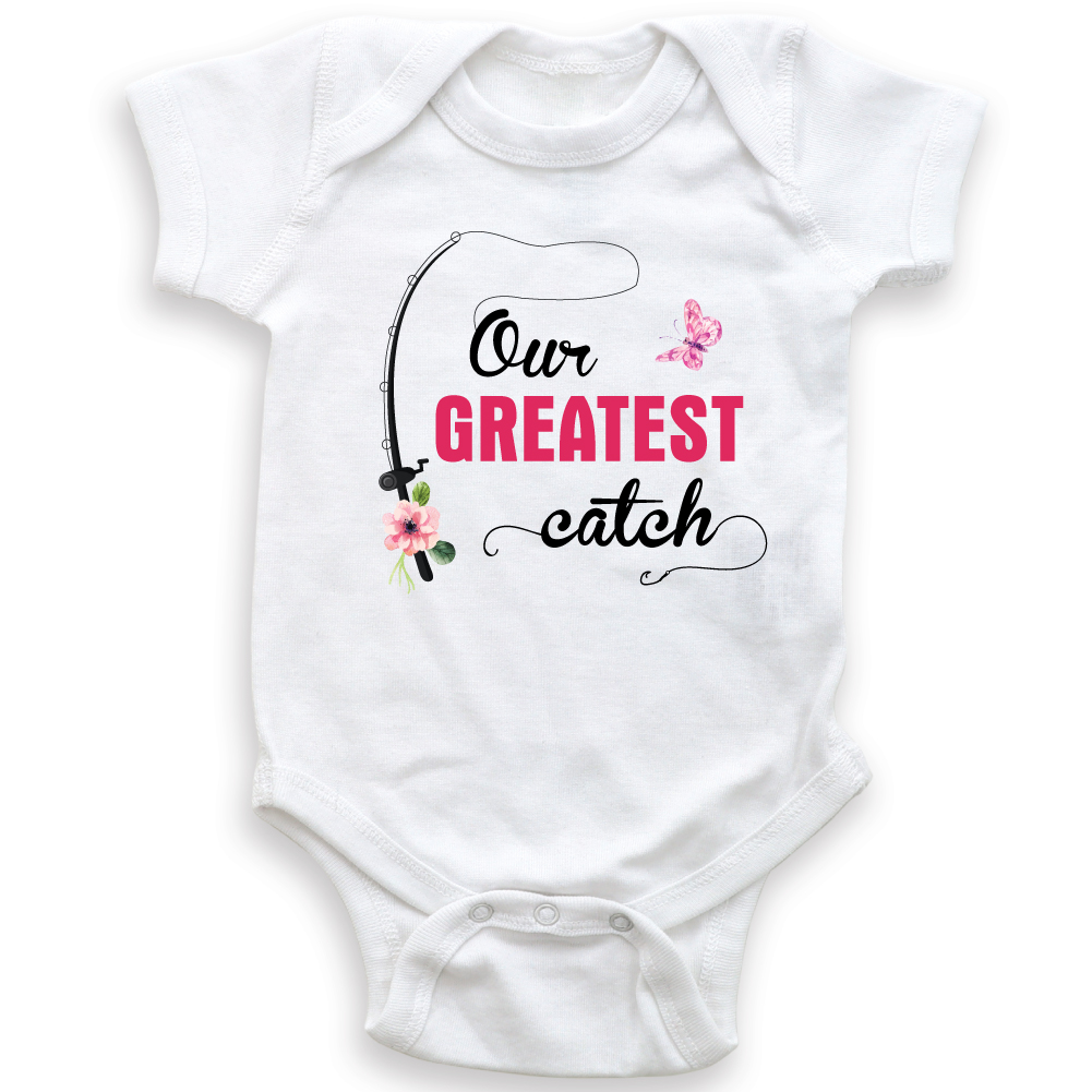 Our Greatest Catch - Butterflies and Flowers - Cute Baby Bodysuit - Baby Girl - Funny Fishing Bodysuit - image 1 of 2