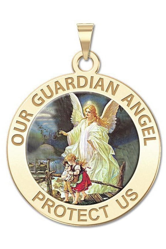 Our Guardian Angel - Round Religious Color Medal - 1 Inch X 1 Inch -Solid 14K Yellow Gold