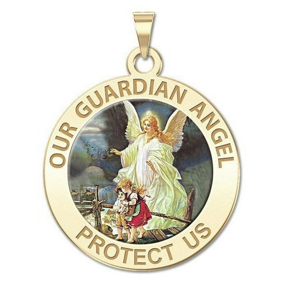 Our Guardian Angel - Round Religious Color Medal - 1 Inch X 1 Inch -Solid 14K Yellow Gold