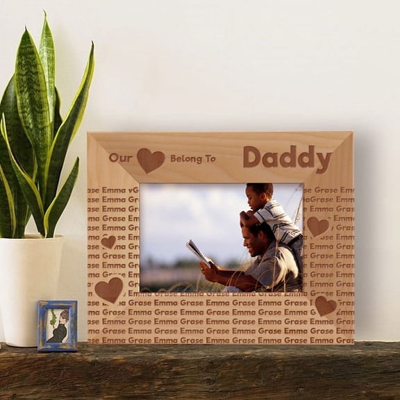 Our Hearts Belong to Daddy Personalized Wooden Picture Frame-5" x 3 1/2" Brown Horizontal