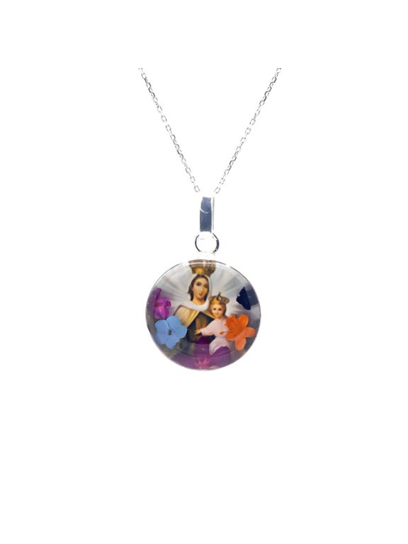 Our Lady Mount Carmel Scapular Medal Necklace w/ Pressed Flowers 18-inch