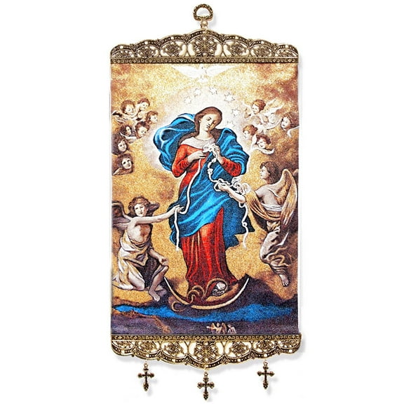 Our Lady Undoer of Knots Large Tapestry Banner W 3 Hanging Crosses Wall Room Door Decoration 17"x8" NEW!!