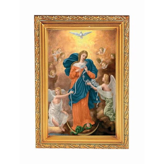 Our Lady Untier of Knots Picture Framed Wall Art Decor Small, Antique Gold-Leaf Finished Frame with Acantus-Leaf Edging