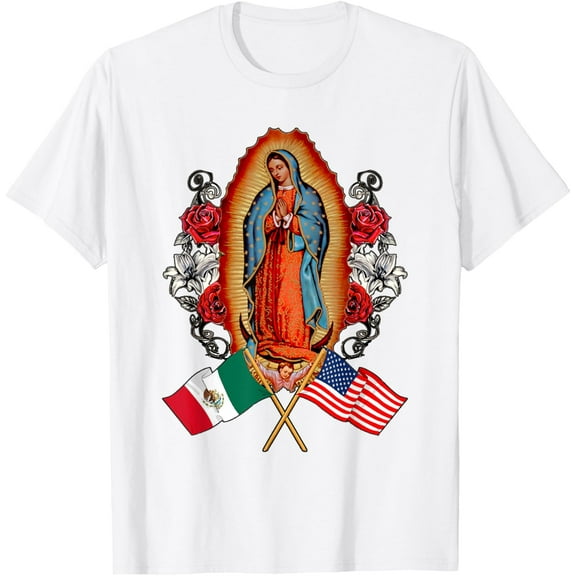 Our Lady Virgen De Guadalupe Mexican American Flag T-ShirtMen and women, White T-shirt, size: Extra large