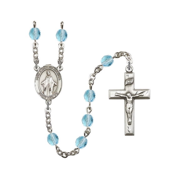 Our Lady of Africa Silver-Plated Rosary 6mm March Light Blue Fire Polished Beads Crucifix Size 1 3/8 x 3/4 medal charm