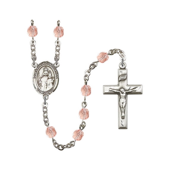 Our Lady of Consolation Silver-Plated Rosary 6mm October Pink Fire Polished Beads Crucifix Size 1 3/8 x 3/4 medal charm