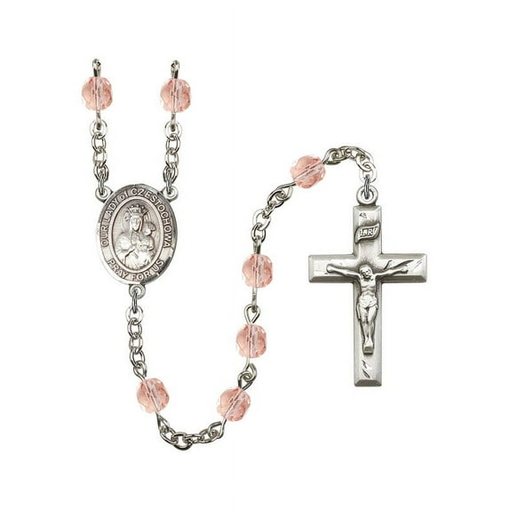 Our Lady of Czestochowa Silver-Plated Rosary 6mm October Pink Fire Polished Beads Crucifix Size 1 3/8 x 3/4 medal charm