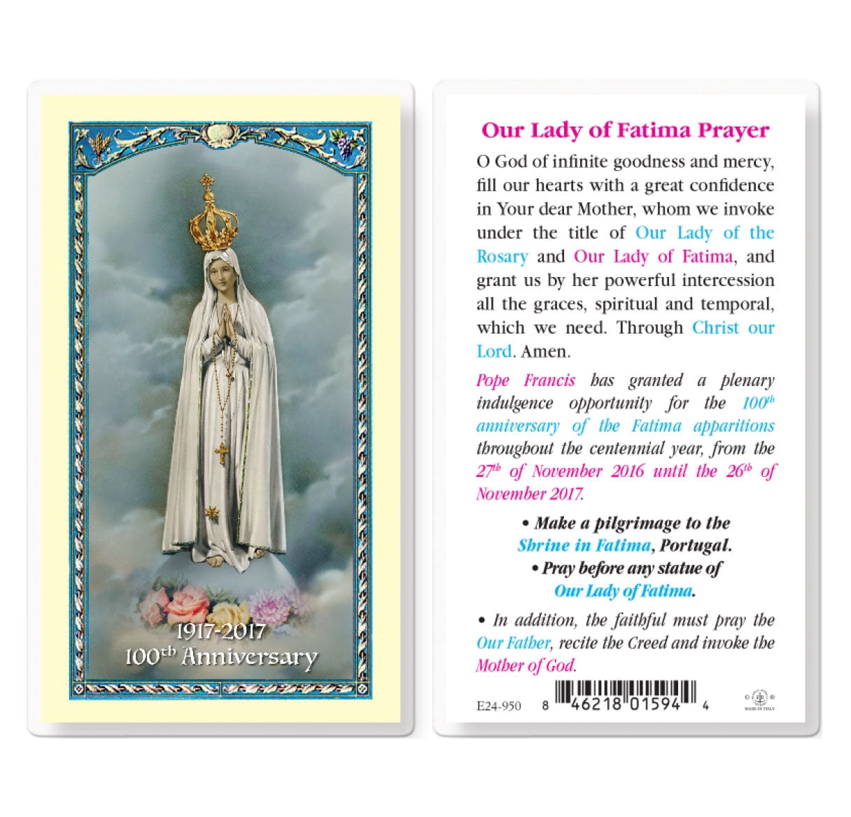 Our Lady of Fatima 100th Anniversary Laminated Catholic Prayer Holy ...