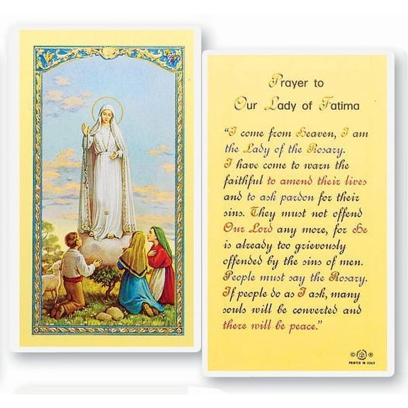 Our Lady of Fatima Laminated Catholic Prayer Holy Card with Prayer on Back, Pack of 25