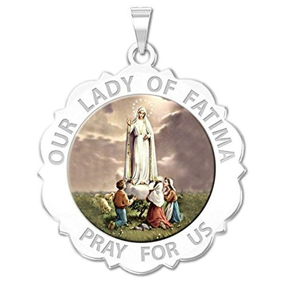 Our Lady of Fatima Scalloped Round Religious Medal Color - 2/3 inch Size of Dime, Sterling Silver