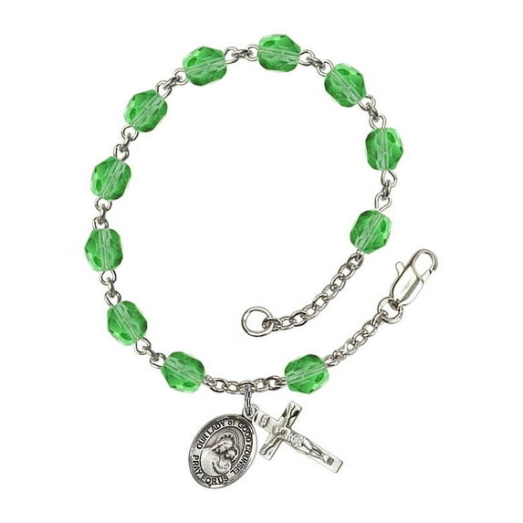 Our Lady of Good Counsel Silver Plate Rosary Bracelet 6mm August Green Fire Polished Beads Crucifix Size 5/8 x 1/4 medal