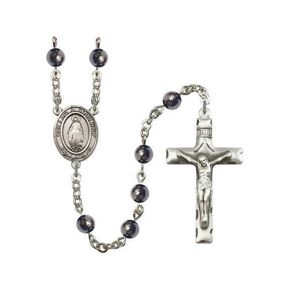 Our Lady of Good Help Silver-Plated Rosary 6mm Hematite Beads Crucifix Size 1 3/4 x 1 medal charm