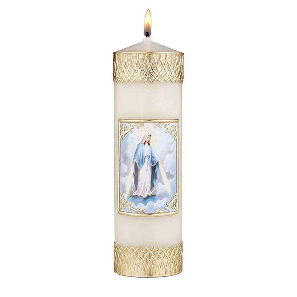 Our Lady of Grace Devotional Wax Pillar Candle, 7 3/4 Inch