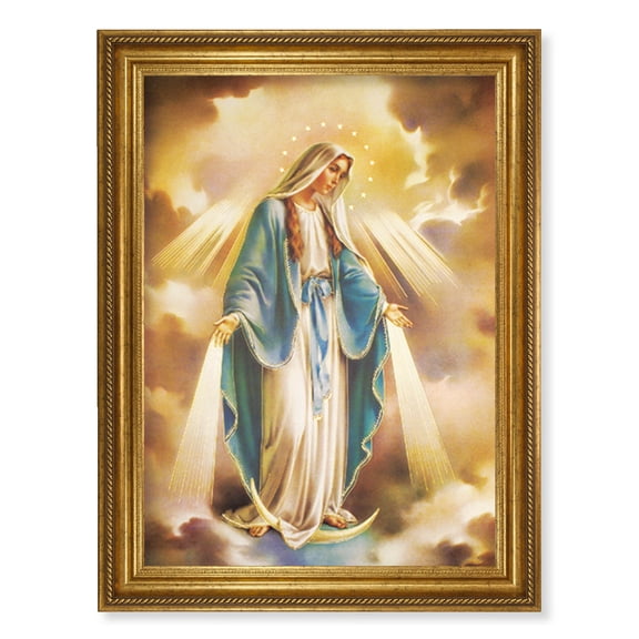 Our Lady of Grace Picture Framed Wall Art Decor Large, Antique Gold-Leaf Frame with Rope Detailing