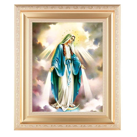 Our Lady of Grace Picture Framed Wall Art Decor Large, Satin Gold Fluted Frame with Distressed Finish and Fine Detailed Scrollwork