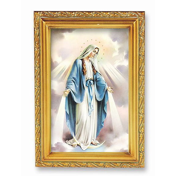 Our Lady of Grace Picture Framed Wall Art Decor Small, Antique Gold-Leaf Finished Frame with Acantus-Leaf Edging