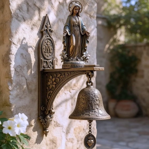 Our Lady of Grace Wall Bell with Miraculous Medal, Catholic Bronze Virgin Mary Statue Hanging Decor for Home Altar Prayer Room Chapel Entryway(Q)