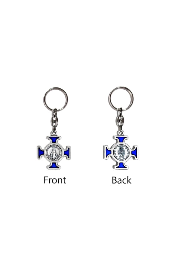 Our Lady of Grace and Miraculous medal blue enamel cross keychain